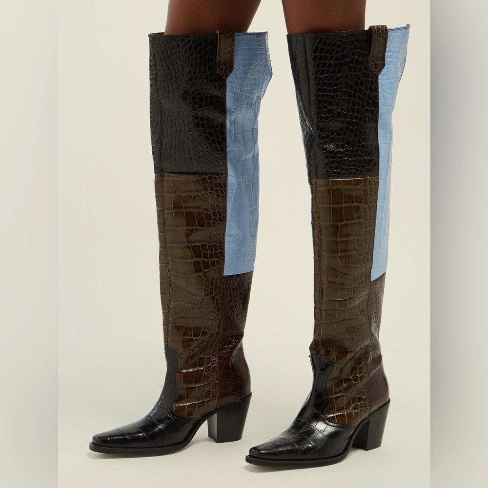 Ganni Croc Embossed Leather Over the Knee Boots